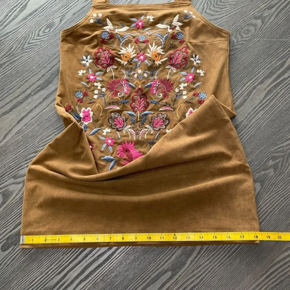 Abercrombie and Fitch Womens 00 Faux Suede Floral Embroidered Boho Dress 90s Y2K